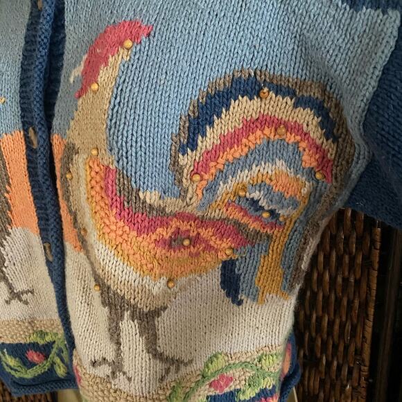 Size S//Vintage 90s Novelty Rooster Cardigan Sweater - Picture 3 of 6